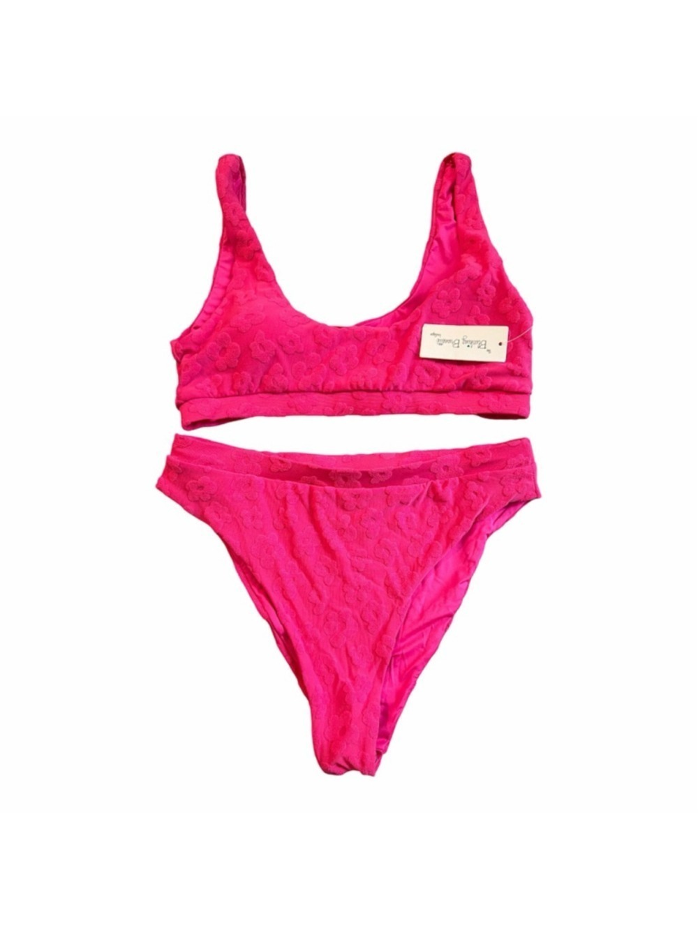 NWT The Blushing Brunette Neon Pink Floral Textured High Waisted Bikini Set - Si